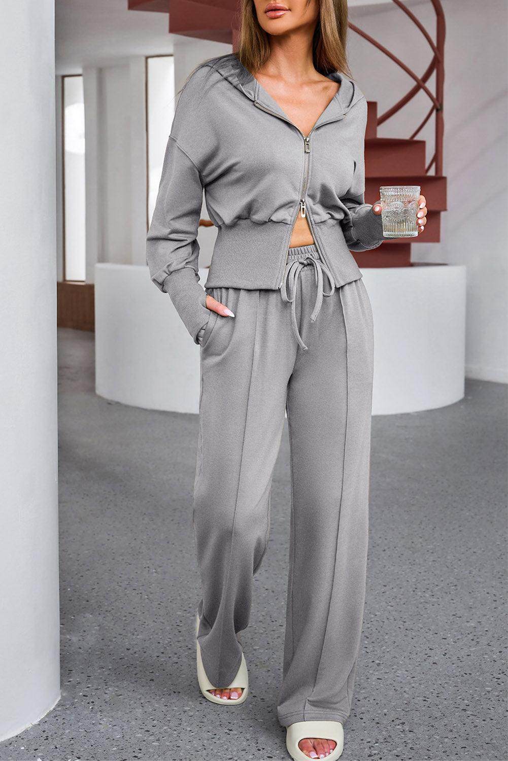 Dropped Shoulder Hoodie and Drawstring Pants Active Set - Selvanelle