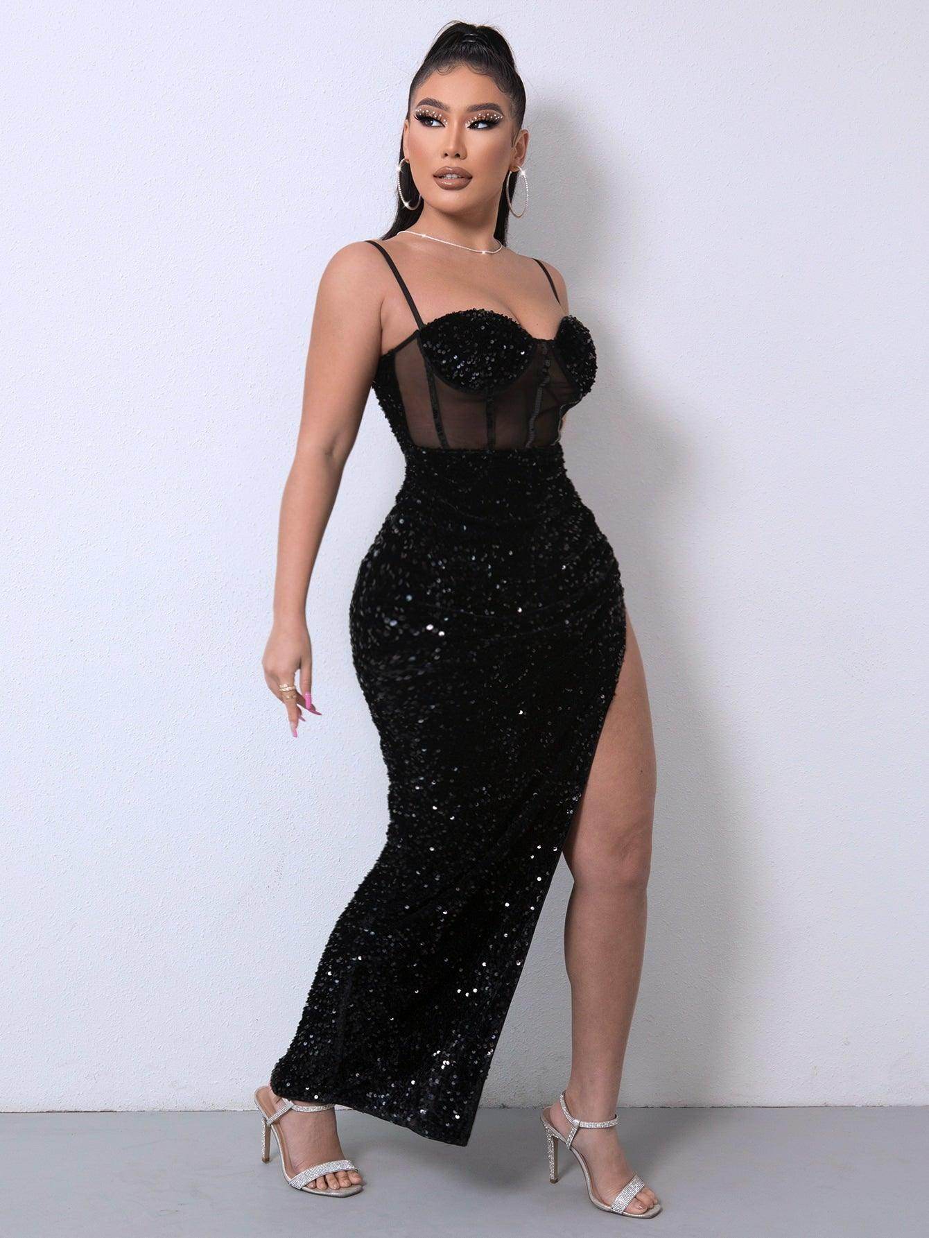Sequin Spliced Mesh Adjustable Strap Dress for Women - Selvanelle