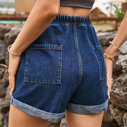 Drawstring High Waist Denim Shorts with Pockets for Women - Selvanelle
