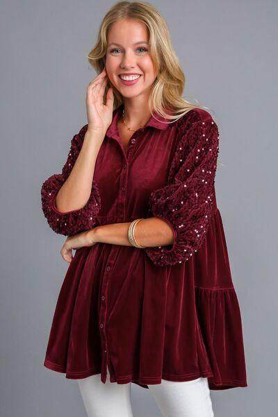 Umgee Sequin Detail Tiered Back Half Sleeve Shirt for Women - Selvanelle