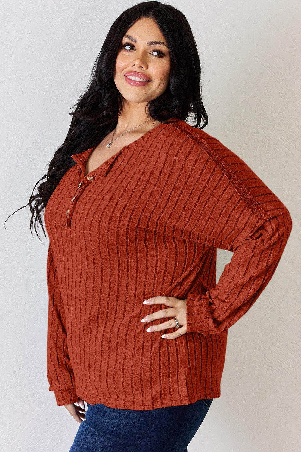 Basic Bae Full Size Ribbed Half Button Long Sleeve T-Shirt - Selvanelle