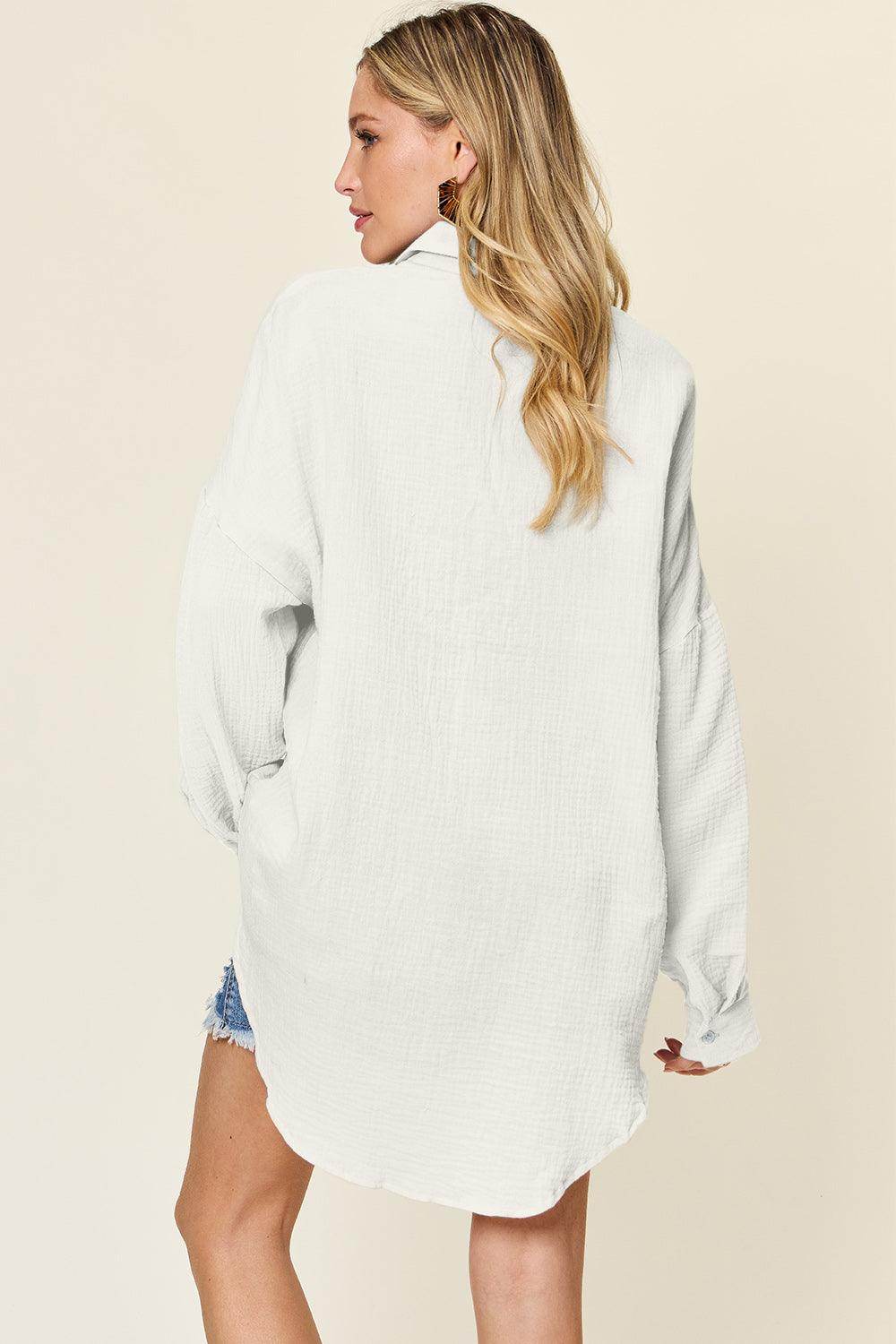 Double Take Full Size Pocketed Texture Button Up Shirt - Selvanelle