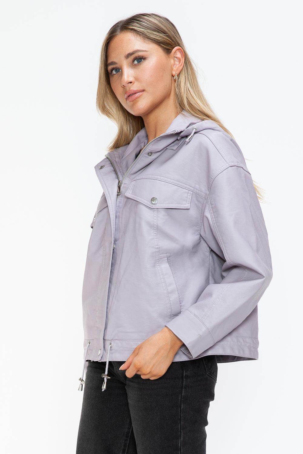 How Dare U Drawstring Hem PU Leather Zip Up Jacket Women - Selvanelle