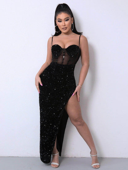Sequin Spliced Mesh Adjustable Strap Dress for Women - Selvanelle
