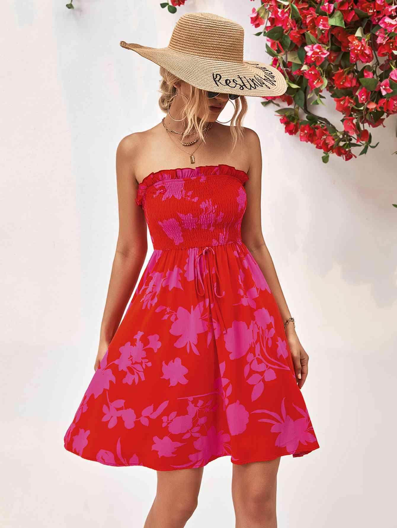 Floral Frill Trim Strapless Smocked Dress for Women - Selvanelle
