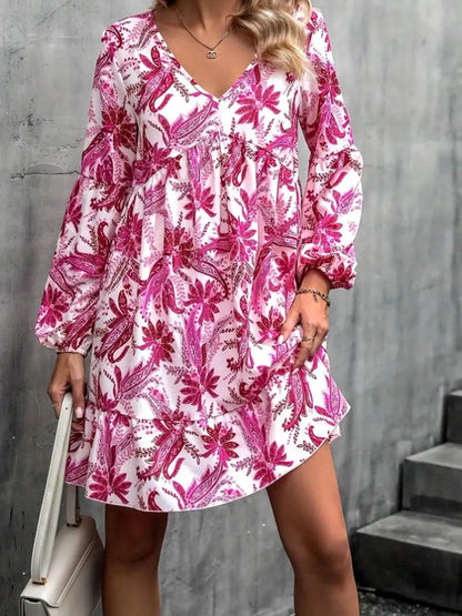Floral V-Neck Balloon Sleeve Dress - Selvanelle