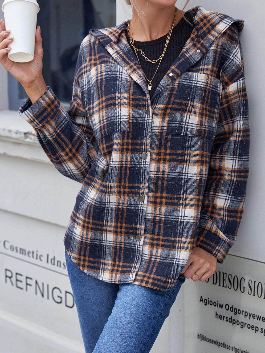 Ivy Lane Plaid Button Up Long Sleeve Hooded Jacket for Women - Selvanelle