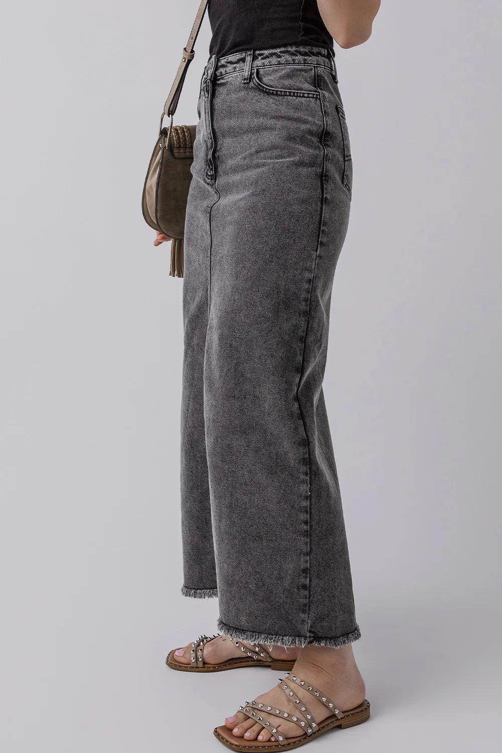 Raw Hem Midi Denim Skirt with Pockets for Women - Selvanelle