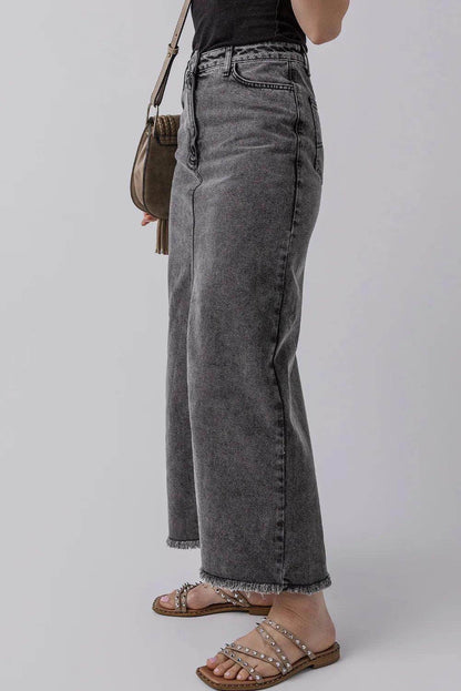 Raw Hem Midi Denim Skirt with Pockets for Women - Selvanelle