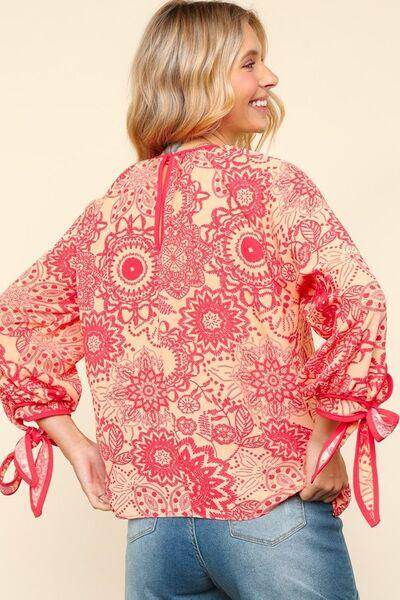 Haptics Ribbon Bow Detail Floral Round Neck Blouse for Women - Selvanelle