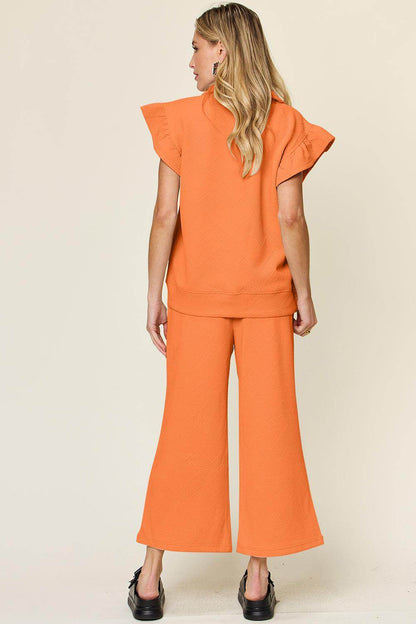 Double Take Texture Ruffle Short Sleeve Top and Pants Set - Selvanelle