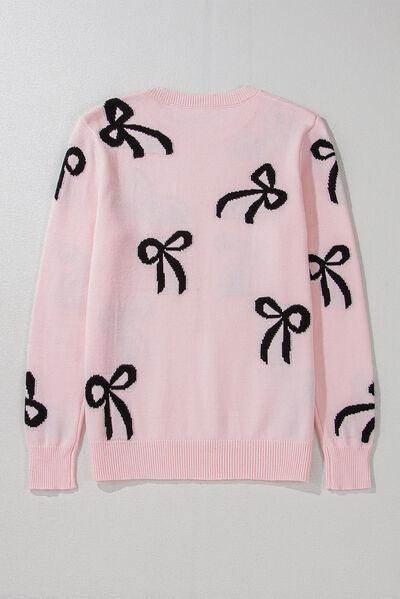 Bow Pattern Round Neck Loose Fit Sweater for Women - Selvanelle