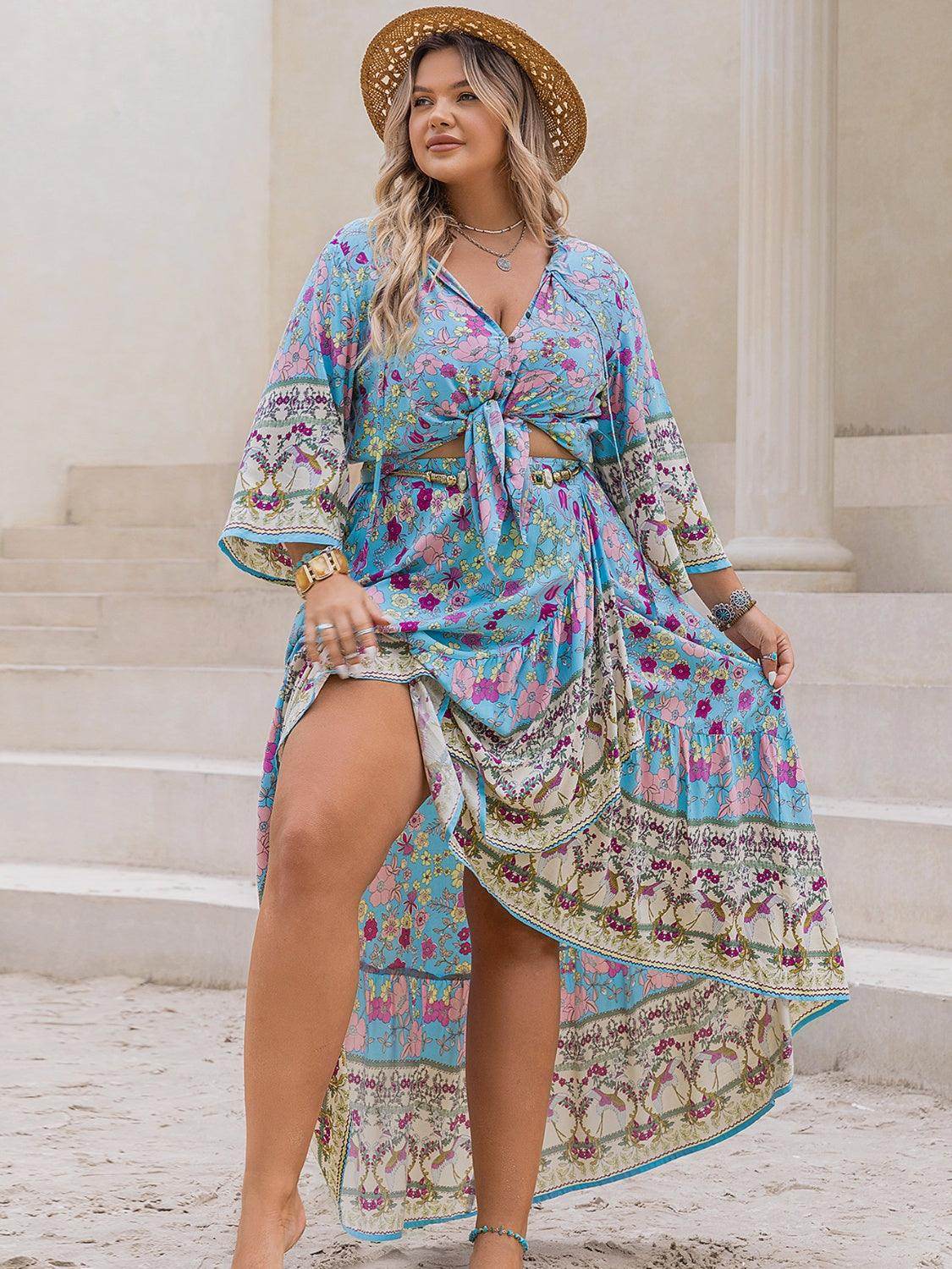 Plus Size Printed Tie Neck Top and Skirt Set for Women - Selvanelle