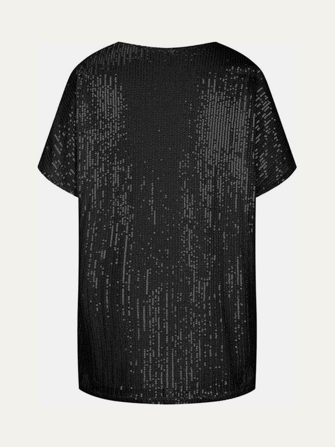 Full Size Sequin V-Neck Short Sleeve Top for Women - Selvanelle