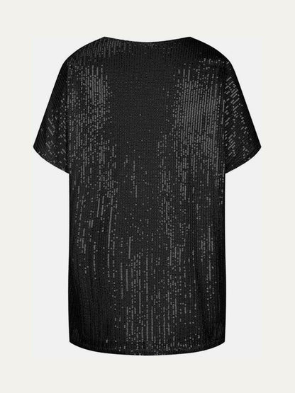 Full Size Sequin V-Neck Short Sleeve Top for Women - Selvanelle