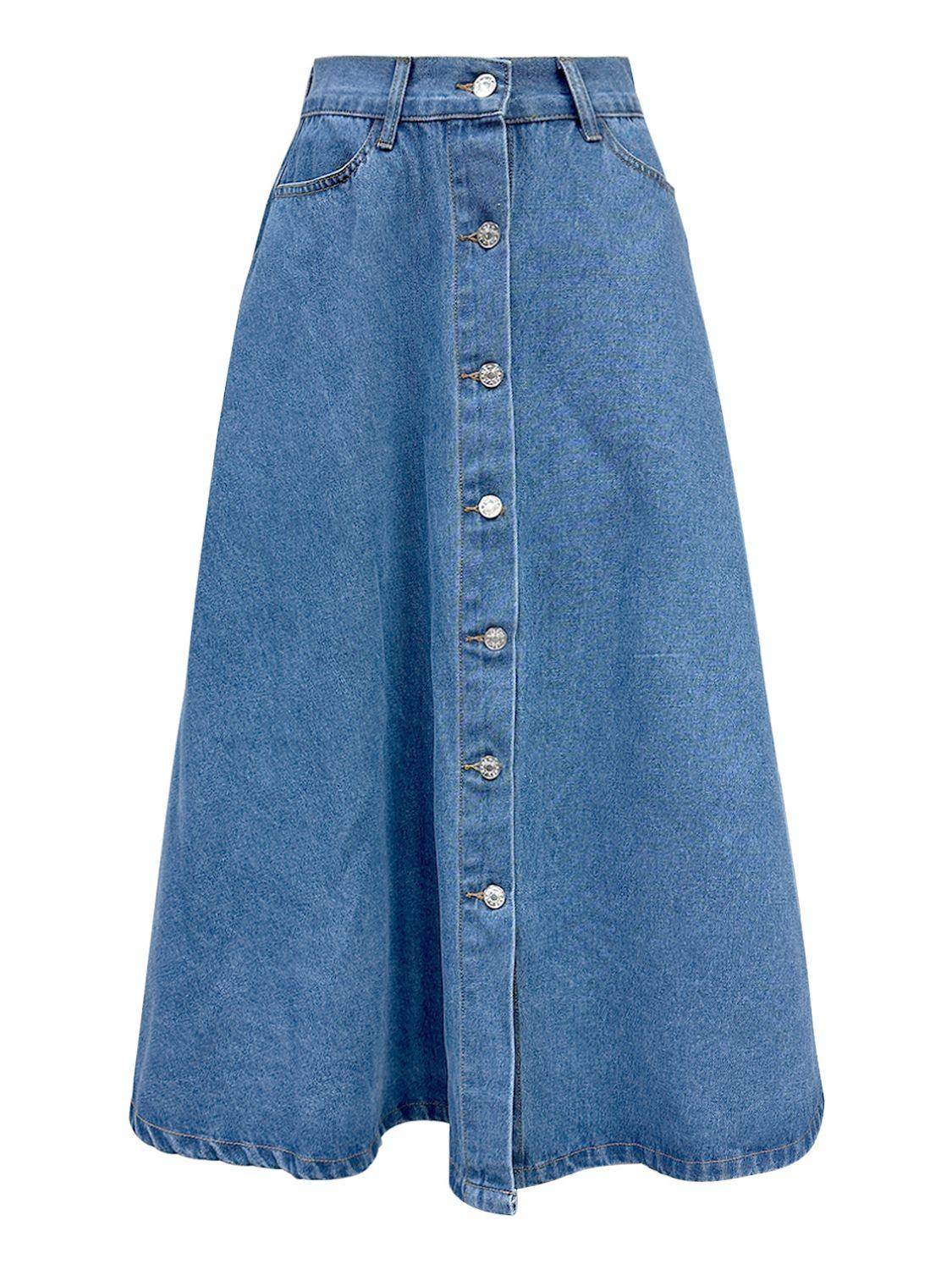 Buttoned Midi Denim Skirt with Pockets for Stylish Comfort