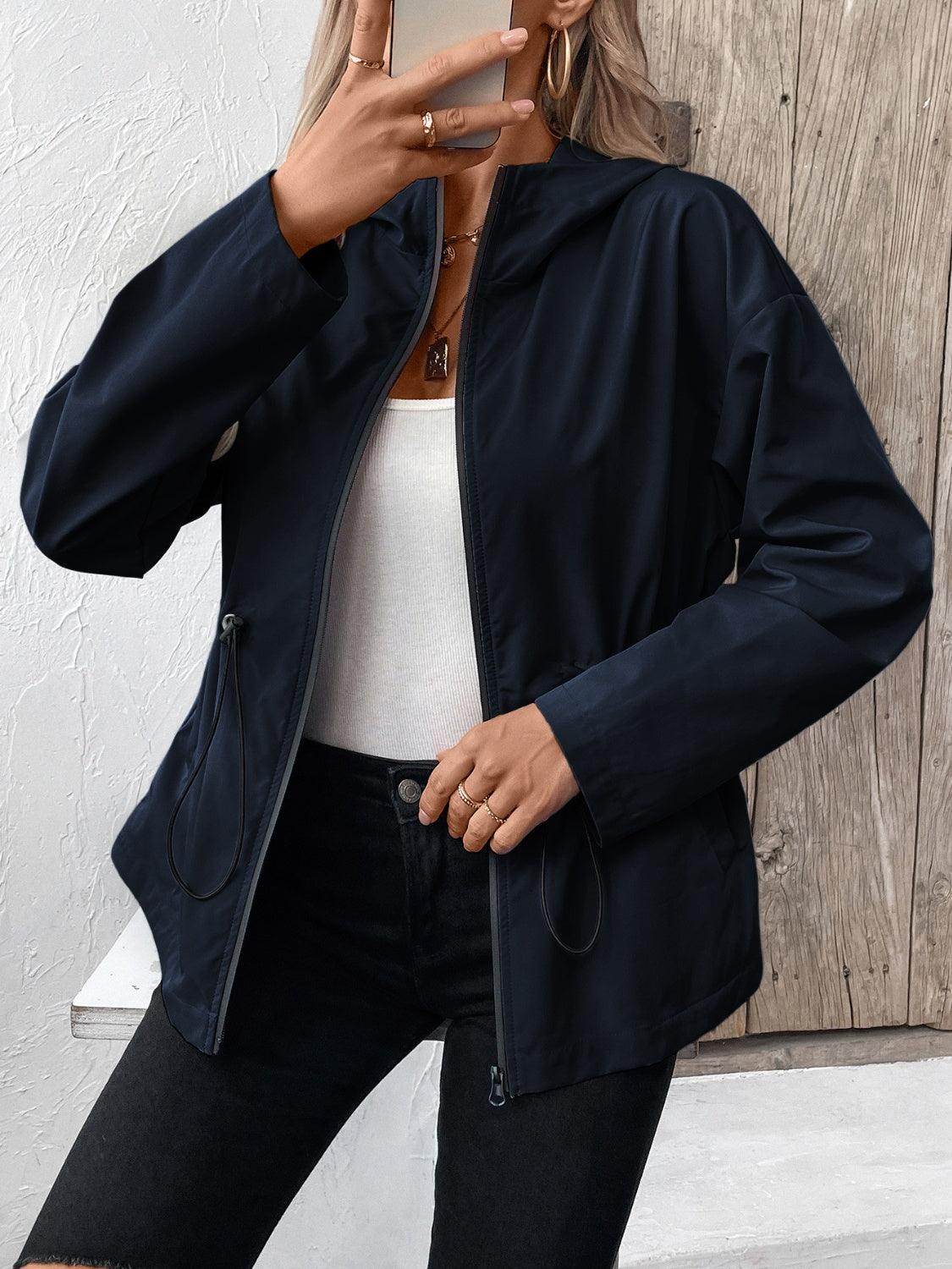 Ivy Lane Drawstring Zip Up Hooded Jacket for Women - Selvanelle
