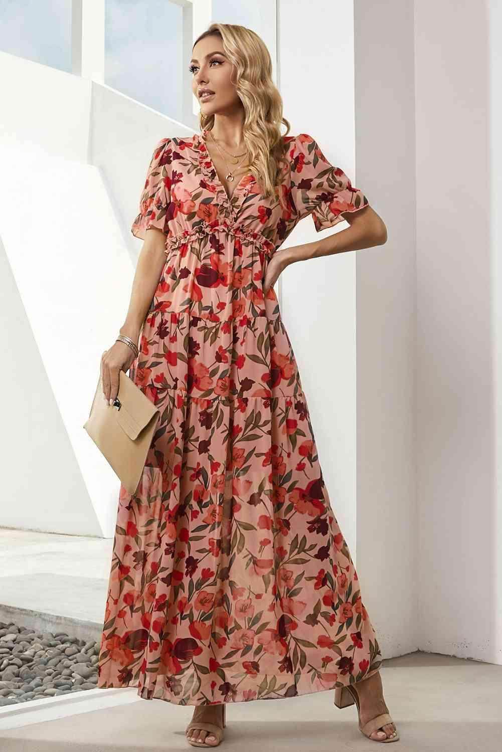 Floral V-Neck Short Flounce Sleeve Dress for Women - Selvanelle