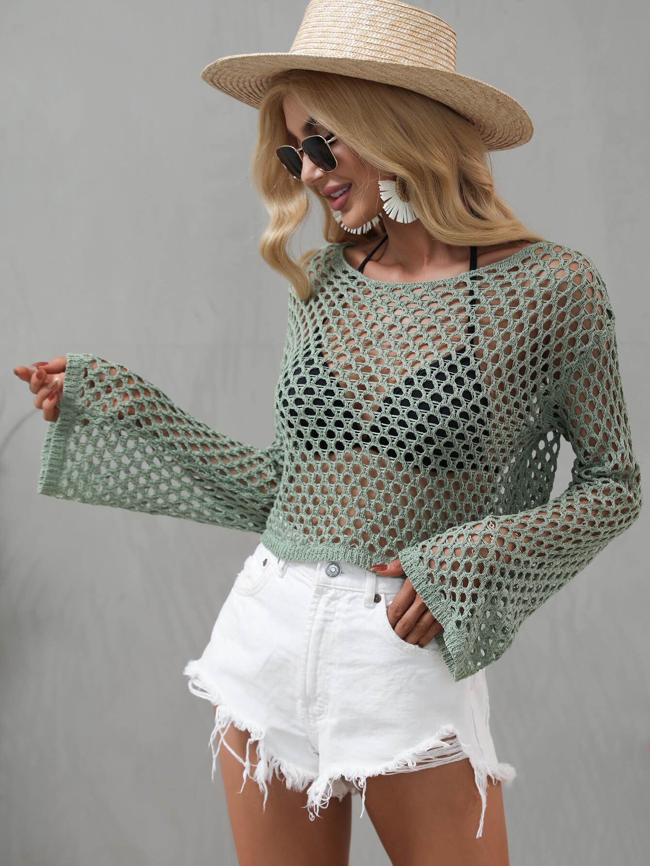 Openwork Flare Sleeve Cropped Cover Up - Selvanelle