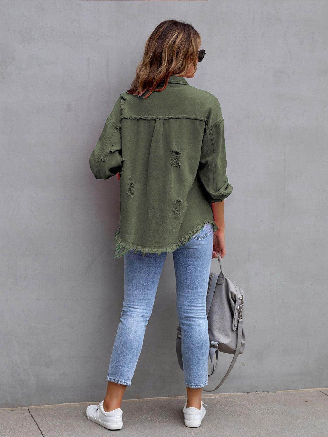 Distressed Drop Shoulder Denim Jacket for Casual Style - Selvanelle