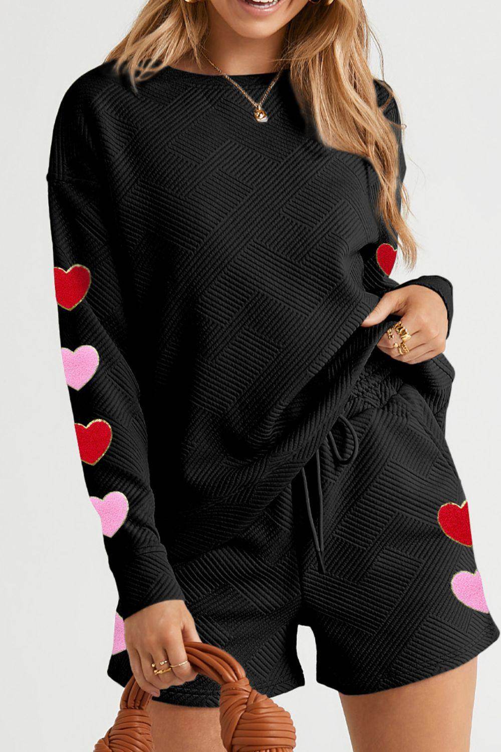 Heart Texture Round Neck Top and Drawstring Shorts Set - Selvanelle