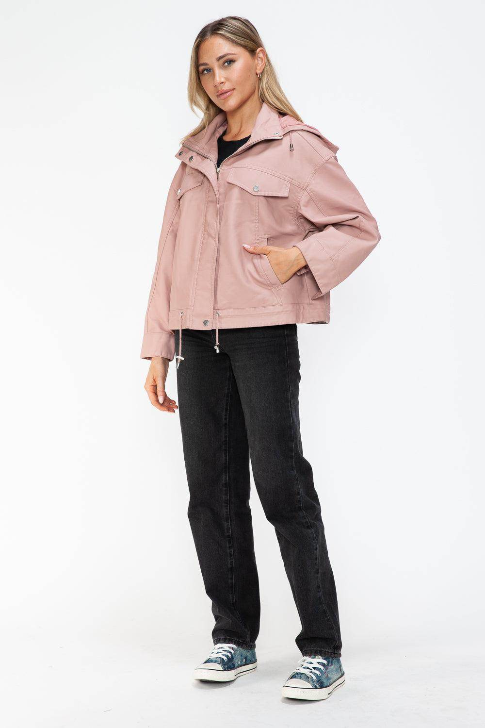 How Dare U Drawstring Hem PU Leather Zip Up Jacket for Women - Selvanelle