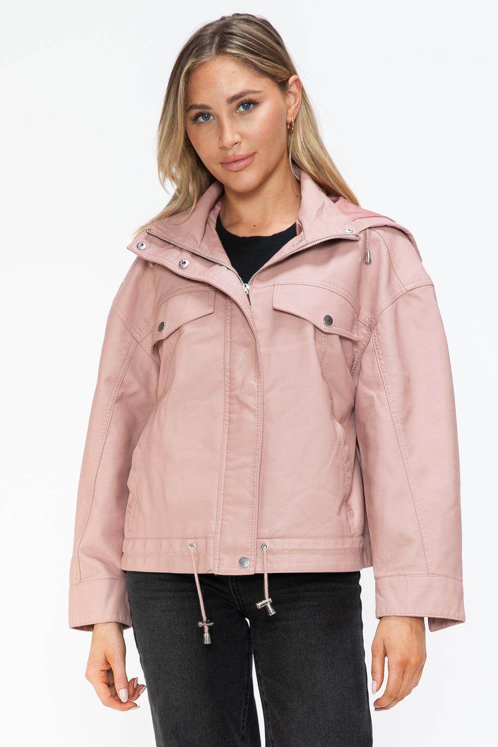 How Dare U Drawstring Hem PU Leather Zip Up Jacket for Women - Selvanelle