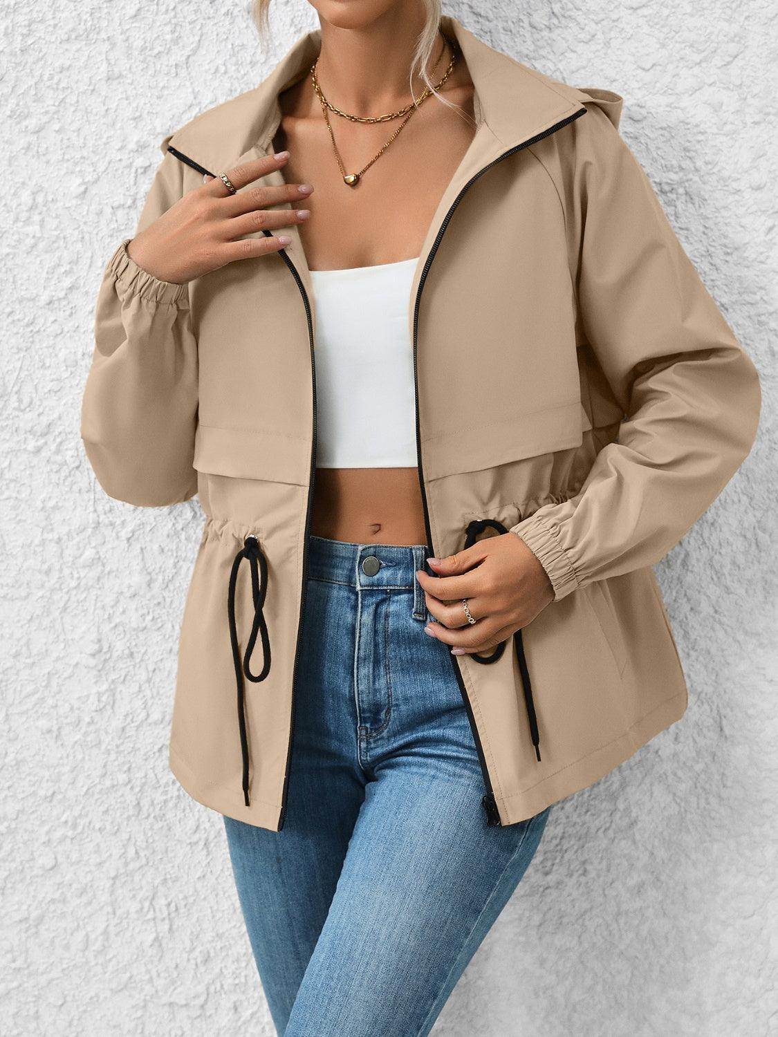 Ivy Lane Drawstring Zip Up Hooded Jacket for Women - Selvanelle