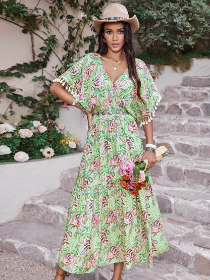 Smocked Floral V-Neck Short Sleeve Dress - Selvanelle