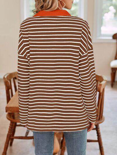 Lovelet Striped Johnny Collar Long Sleeve T-Shirt for Women - Selvanelle