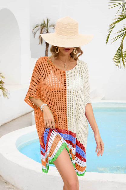 Contrast Scoop Neck Openwork Half Sleeve Cover Up - Selvanelle
