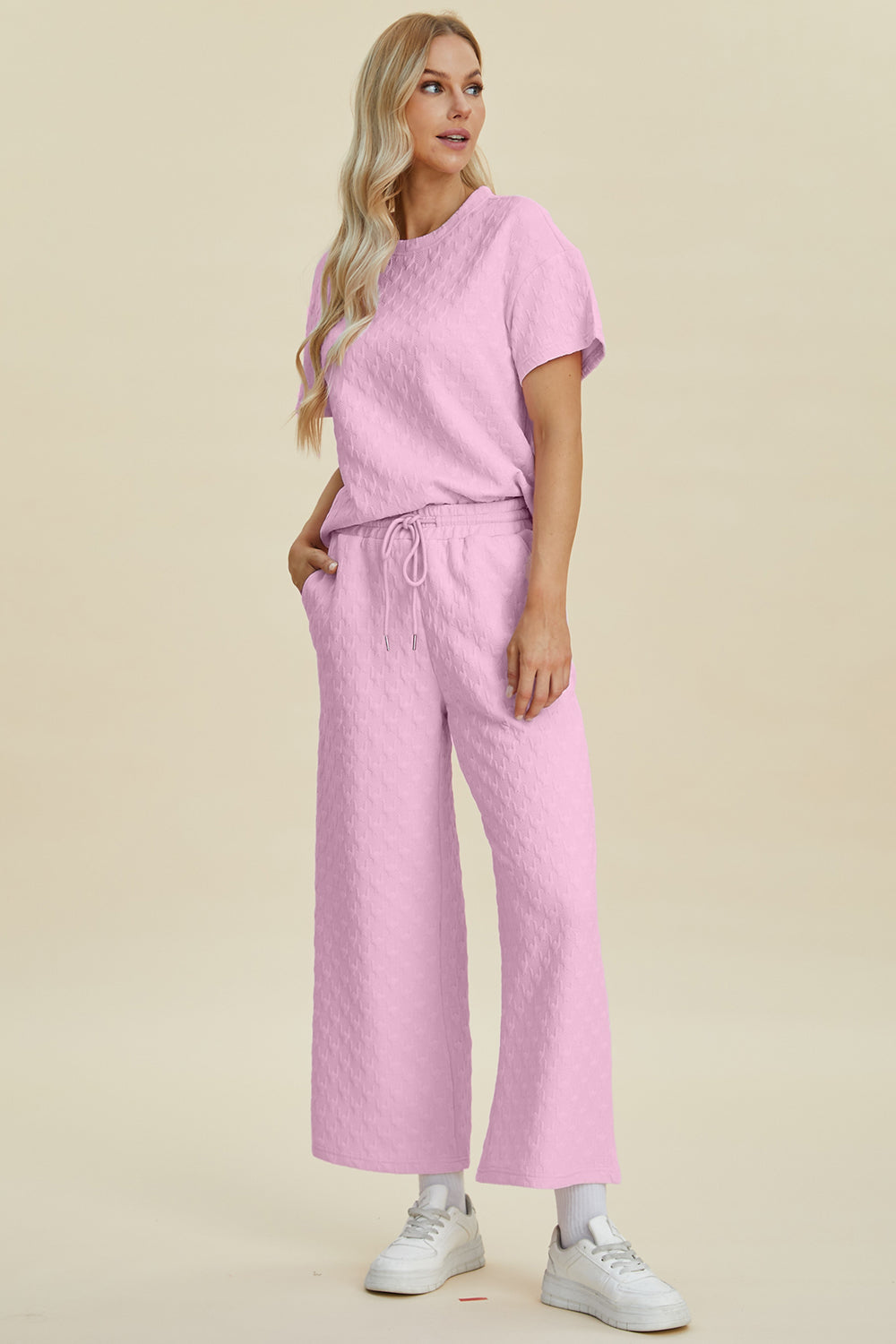 Double Take Full Size Texture Round Neck Short Sleeve Top and Pants Set