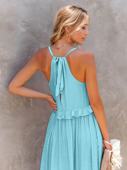 Ruffled Sleeveless Tiered Maxi Dress with Pockets - Selvanelle