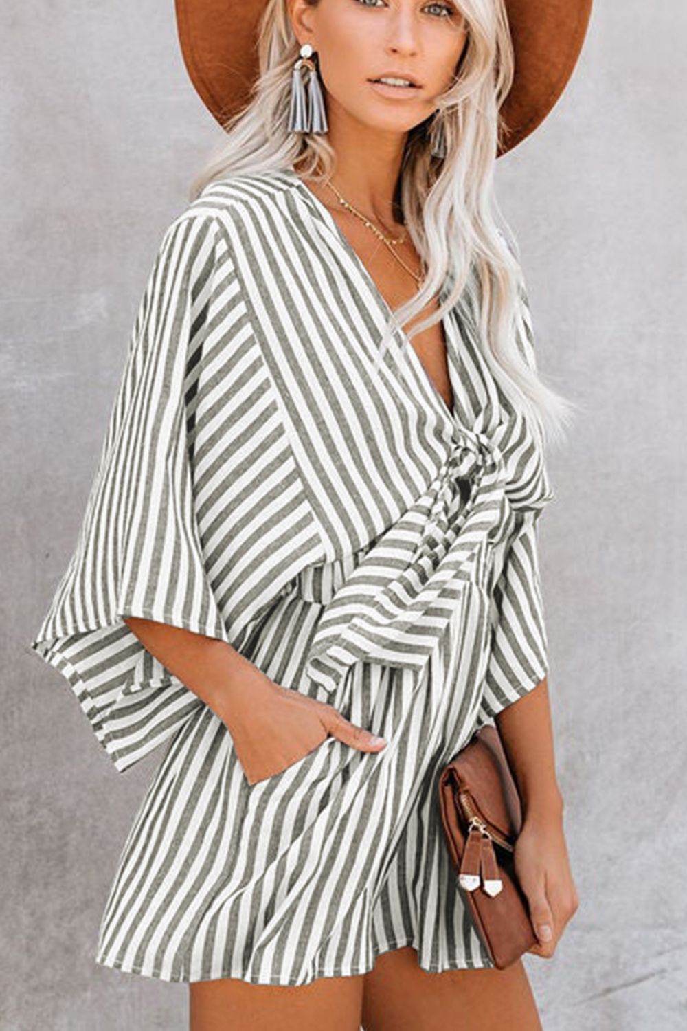 Bow Striped Kimono Sleeve Romper - Selvanelle