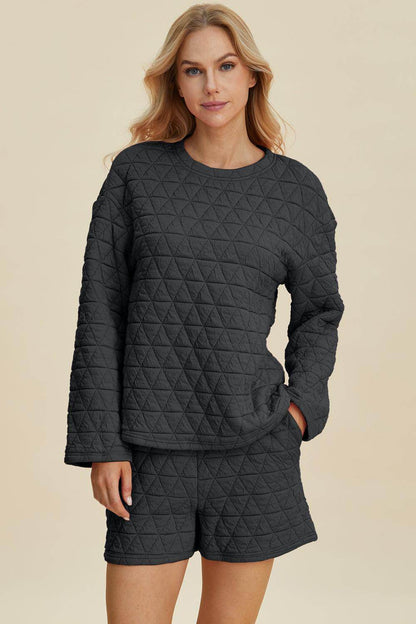 Double Take Full Size Texture Round Neck Long Sleeve Top and Shorts Set for Women - Selvanelle