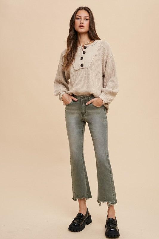 Annie Wear Half Button Ribbed Hem Sweater for Women