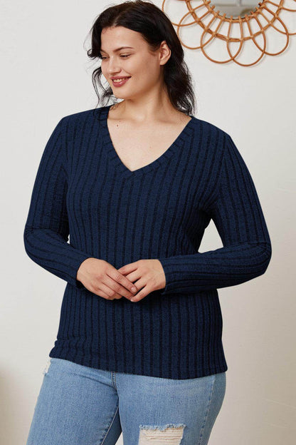 Basic Bae Full Size Ribbed V-Neck Long Sleeve T-Shirt - Selvanelle