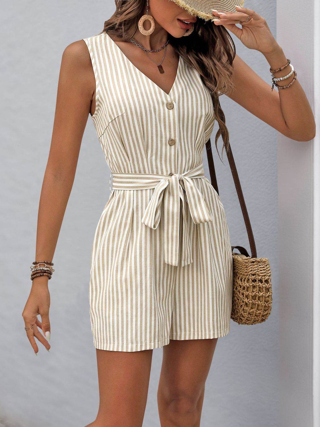 Perfee Striped V-Neck Tie Waist Romper - Selvanelle