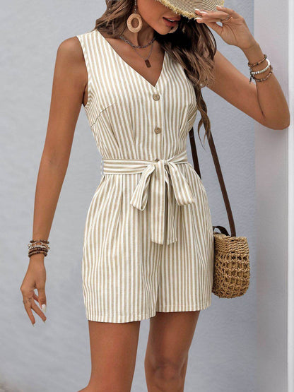 Perfee Striped V-Neck Tie Waist Romper - Selvanelle