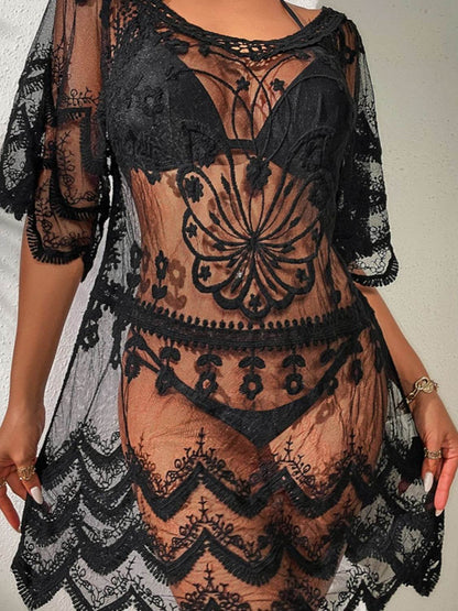 Lace Round Neck Half Sleeve Cover-Up - Selvanelle