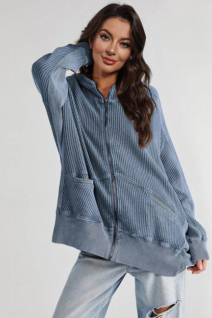 Zip-Up Long Sleeve Jacket with Hood and Pockets for Comfort - Selvanelle