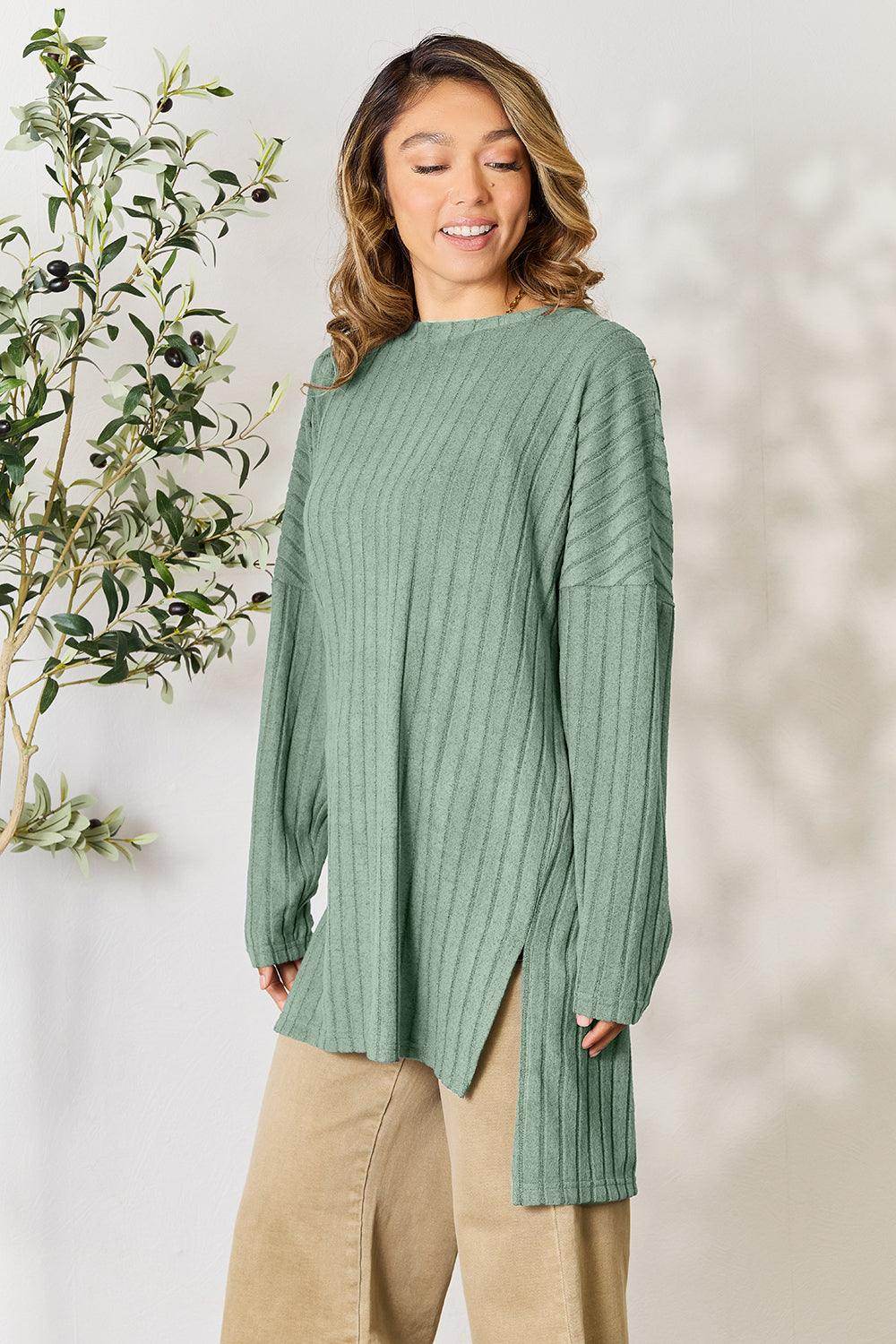 Basic Bae Full Size Ribbed Round Neck Long Sleeve Slit Top - Selvanelle