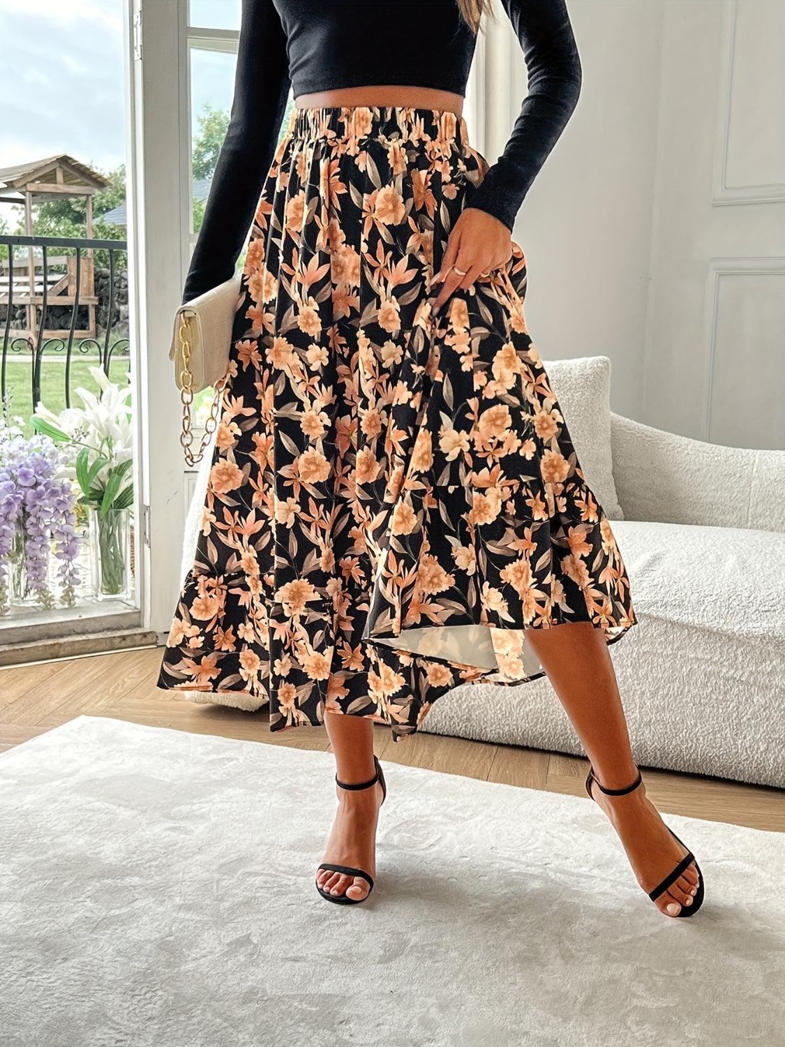 Floral Elastic Waist Midi Skirt for Effortless Style