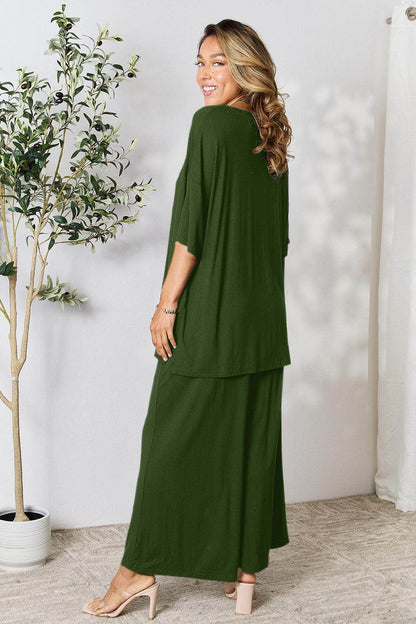 Double Take Full Size Round Neck Slit Top and Pants Set - Selvanelle