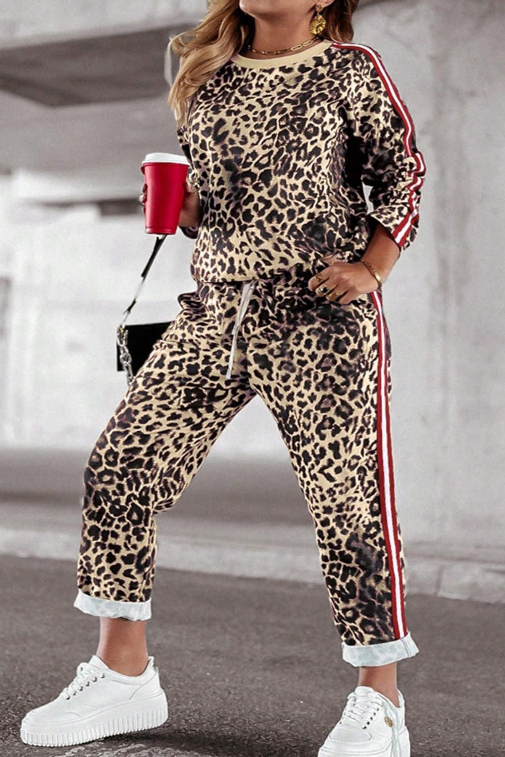 Plus Size Leopard Round Neck Top and Pants Set for Women