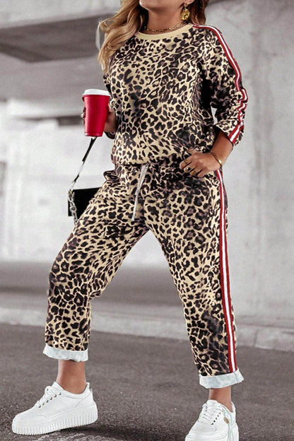 Plus Size Leopard Round Neck Top and Pants Set for Women - Selvanelle