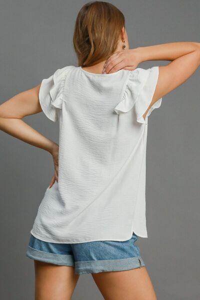 Umgee Full Size V-Neck Double Layered Ruffle Sleeve Blouse Plus Size - Selvanelle