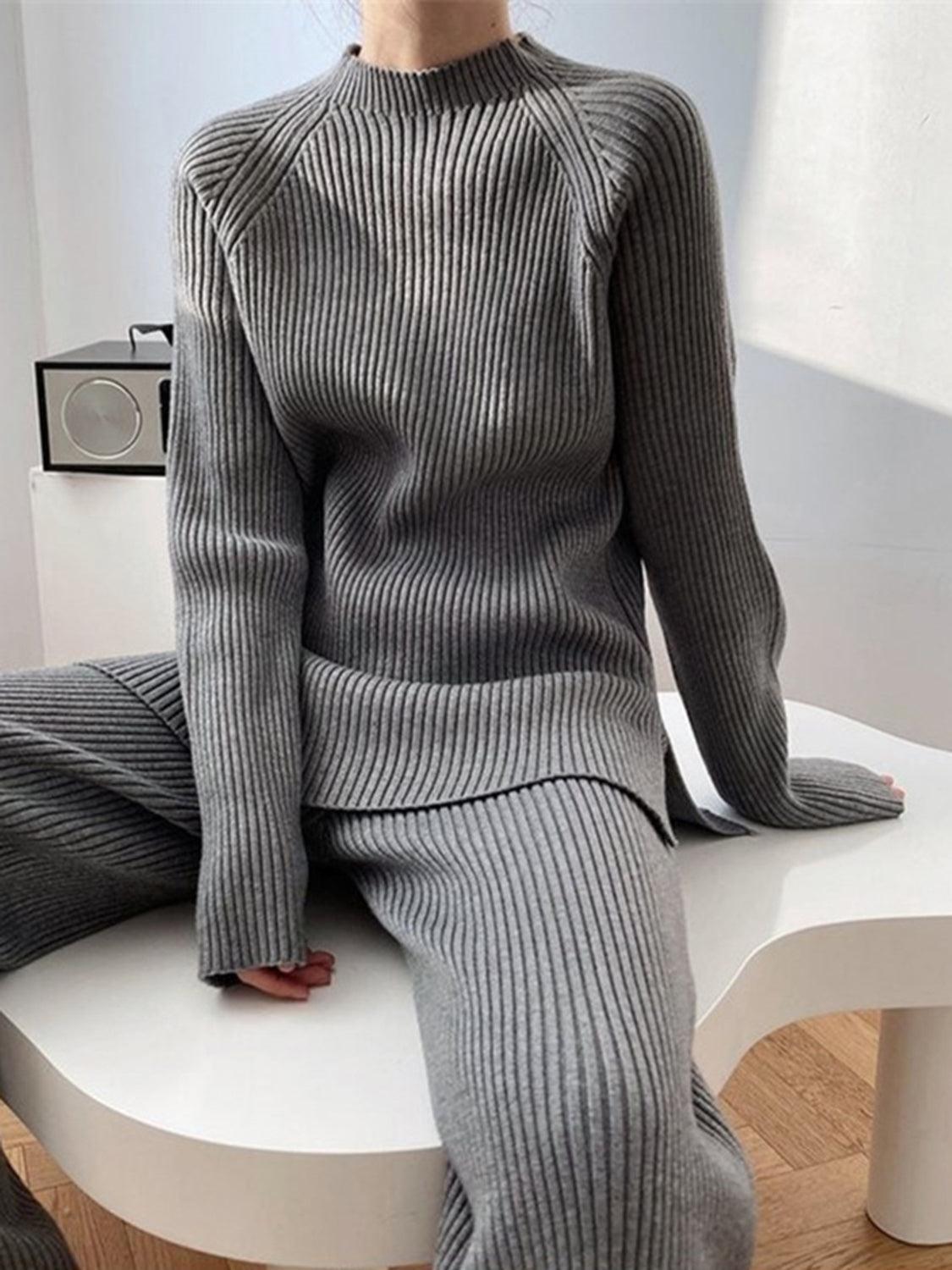 Mock Neck Raglan Sleeve Top and Pants Sweater Set for Women