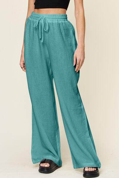 Double Take Full Size Texture Drawstring Wide Leg Pants - Selvanelle