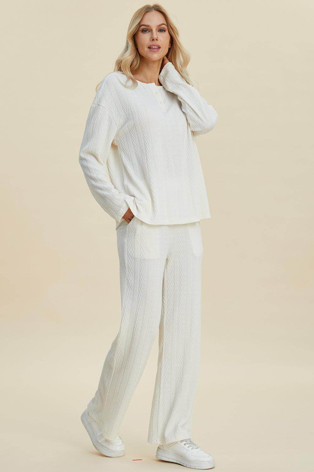 Double Take Full Size Cable-Knit Long Sleeve Top Pants Set - Selvanelle